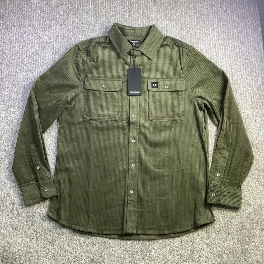 True Religion Mens LS Curve PKT TN Corduroy Workwear Shirt Kalamata Size M NWT